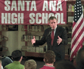 Republican presidential candidate George W. Bush addresses students at Santa Ana (Calif.) High School Sept. 14.